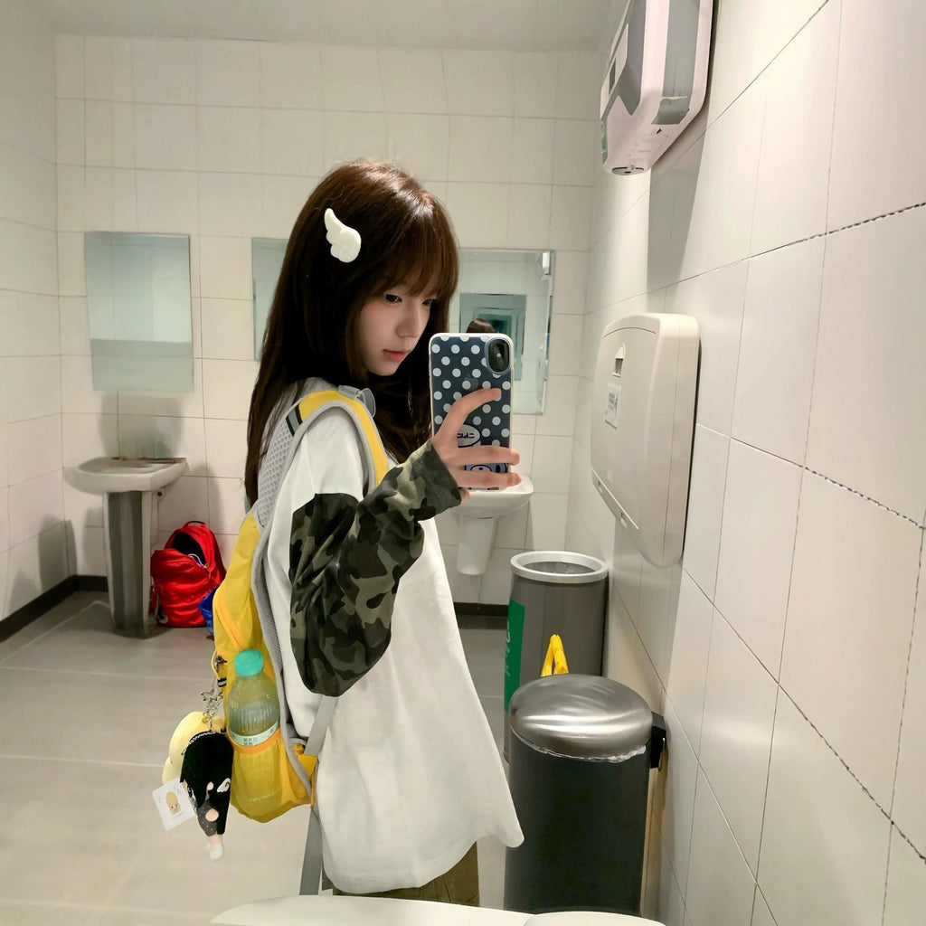 Retro Camouflage Patchwork Color-Blocked Asymmetrical Shoulder Loose Long Sleeve Top