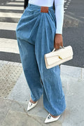Street Style High-Waisted Wide-Leg Washed Denim Pants for Women