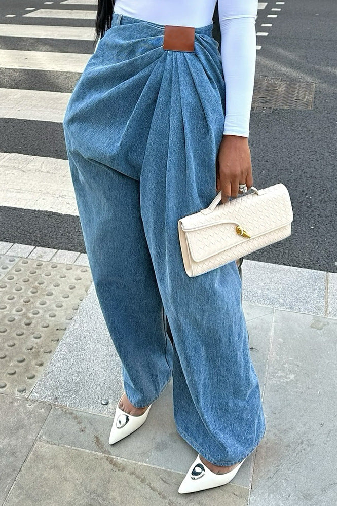 Street Style High-Waisted Wide-Leg Washed Denim Pants for Women