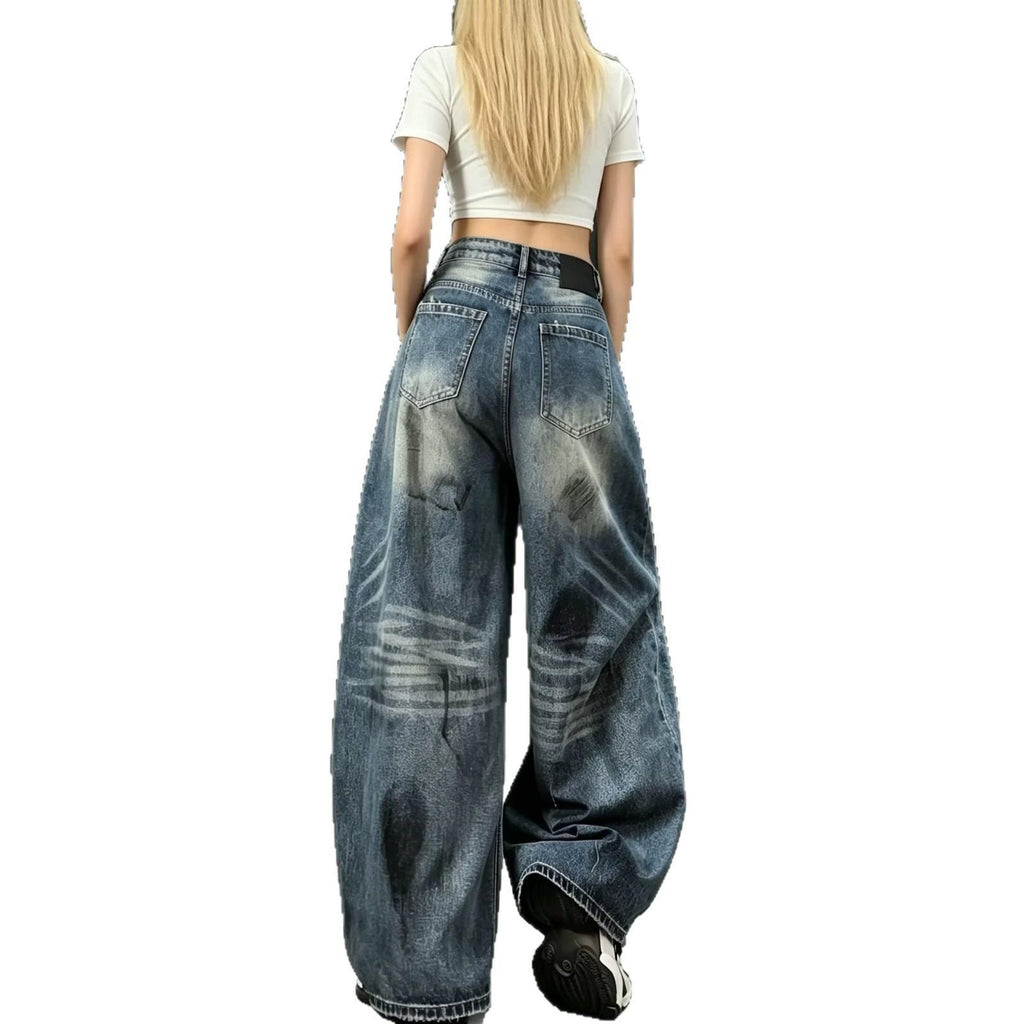 Streetwear Retro Distressed Ripped Wide-Leg Denim Long Pants for Women High-Waisted Slim-Fitting Floor-Length Trousers Summer Letter Knife-Edge Jeans