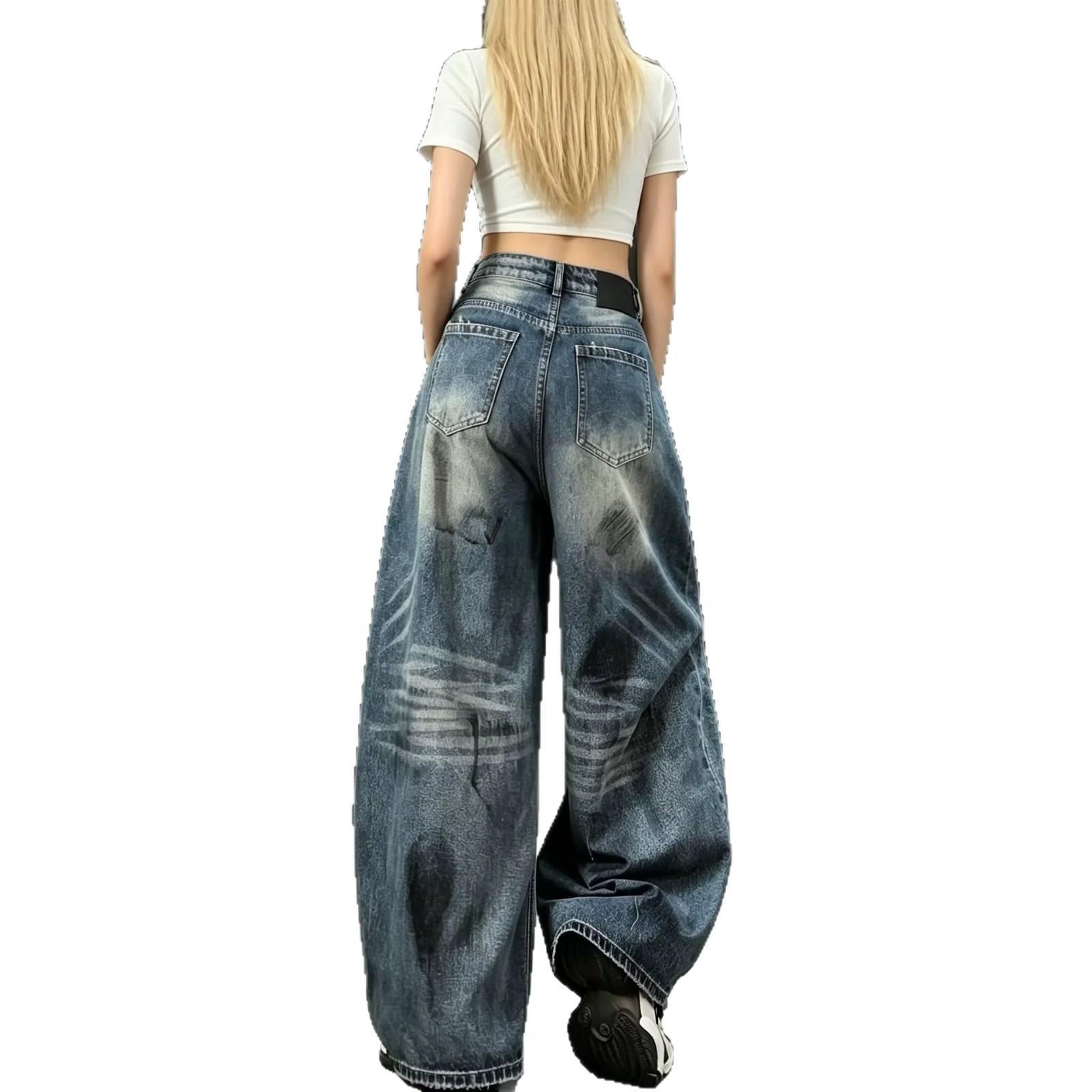 Streetwear Retro Distressed Ripped Wide-Leg Denim Long Pants for Women High-Waisted Slim-Fitting Floor-Length Trousers Summer Letter Knife-Edge Jeans