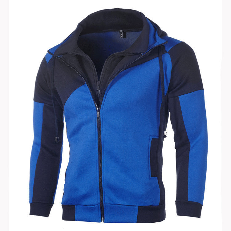 Men's Casual Color Block Spliced Long Sleeve Two-Way Zipper Hooded Zip-Up Jacket
