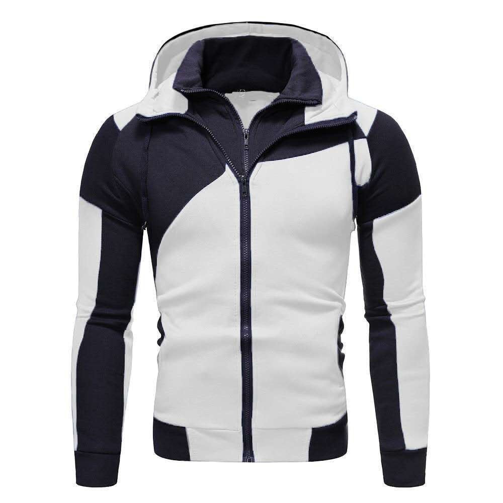 Men's Casual Color Block Spliced Long Sleeve Two-Way Zipper Hooded Zip-Up Jacket