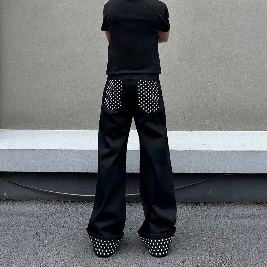 Fashion Cuffed Polka Dot Black Straight Leg Jeans Men's Light Asian Style Loose Slimming Clean Fit Pants