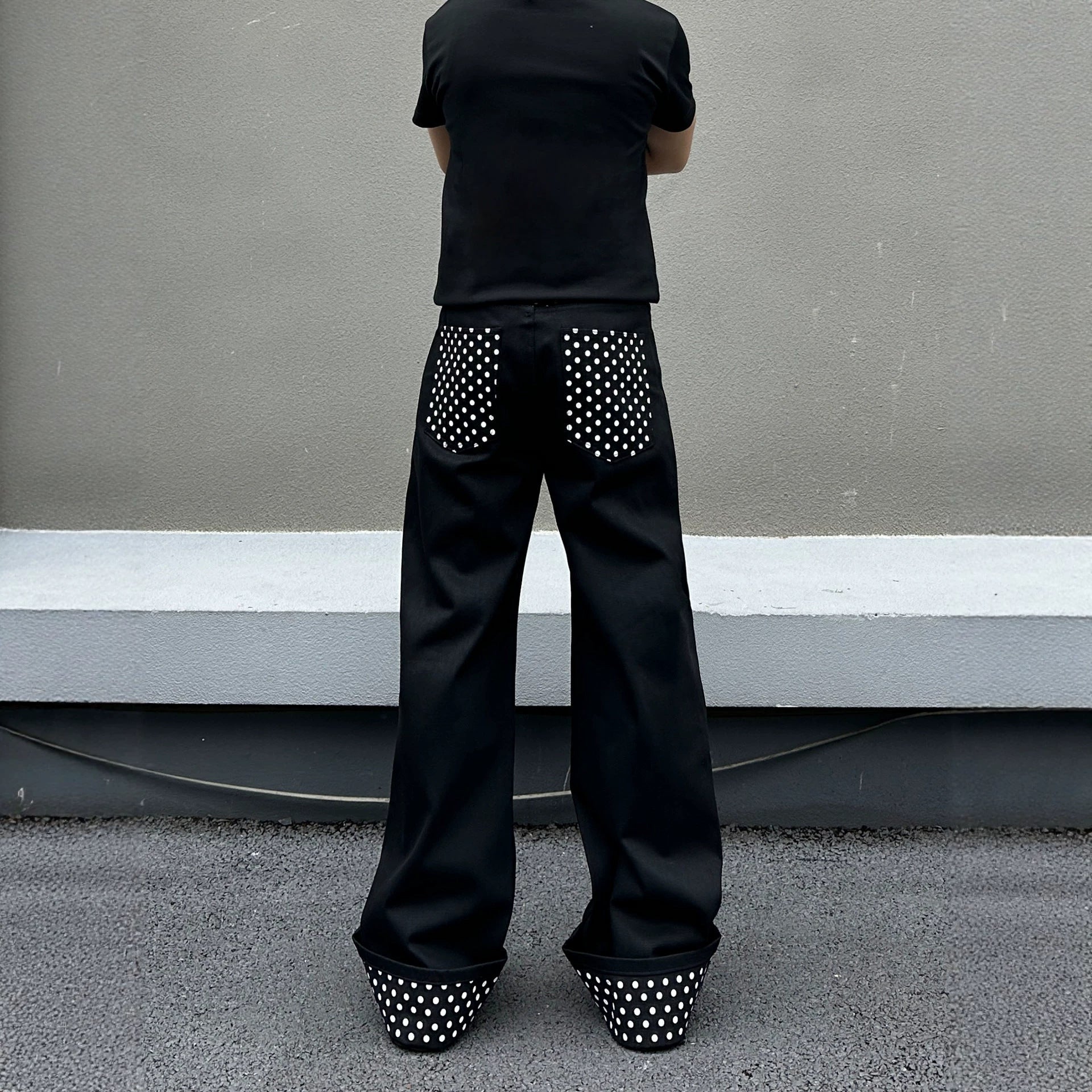 Fashion Cuffed Polka Dot Black Straight Leg Jeans Men's Light Asian Style Loose Slimming Clean Fit Pants
