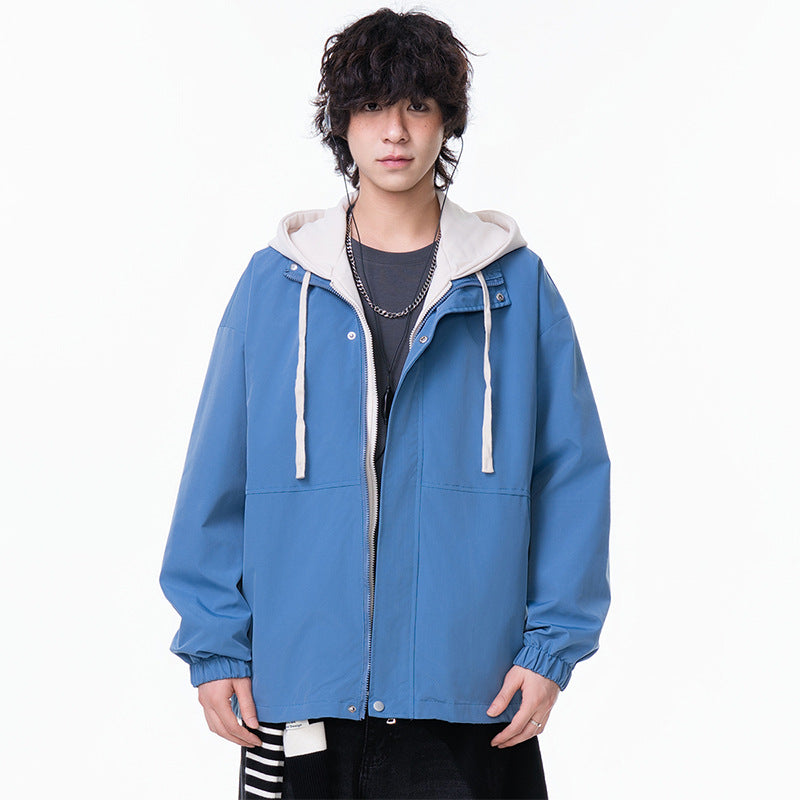Casual Solid Color Long Sleeve Zipper Stand Collar Loose Fit Men's Windbreaker Jacket