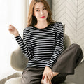 Chiffon Stripe Long Sleeve T-Shirt for Women, Loose Fit, Casual Top, Layering Shirt, Spring and Autumn Wear, Slimming Underwear