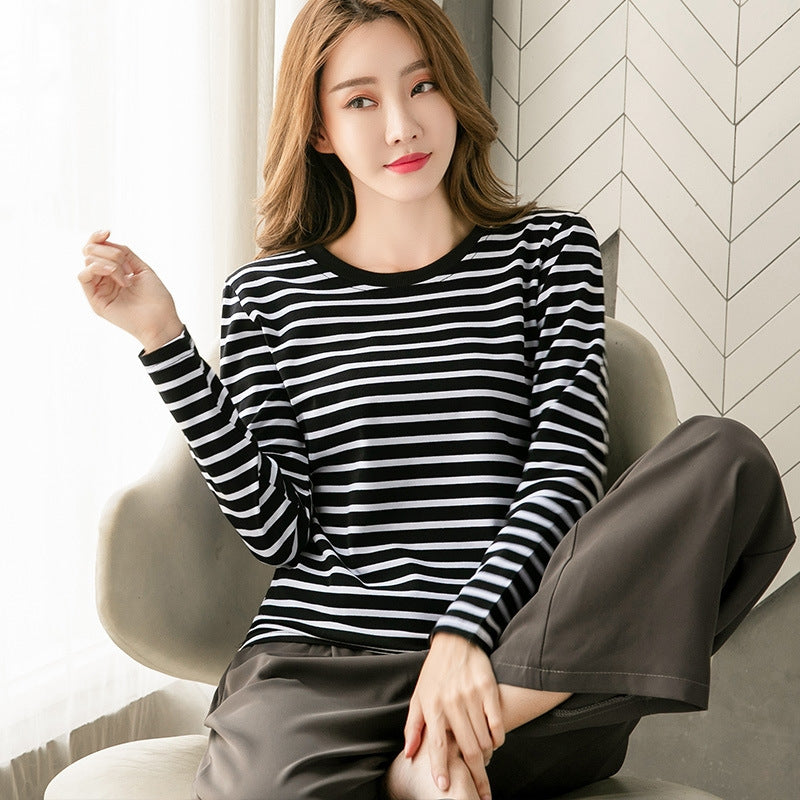 Chiffon Stripe Long Sleeve T-Shirt for Women, Loose Fit, Casual Top, Layering Shirt, Spring and Autumn Wear, Slimming Underwear