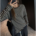 Striped cotton long sleeve T-shirt for women, loose casual high-end feel, round neck, lazy style, inner layer, can be worn outside