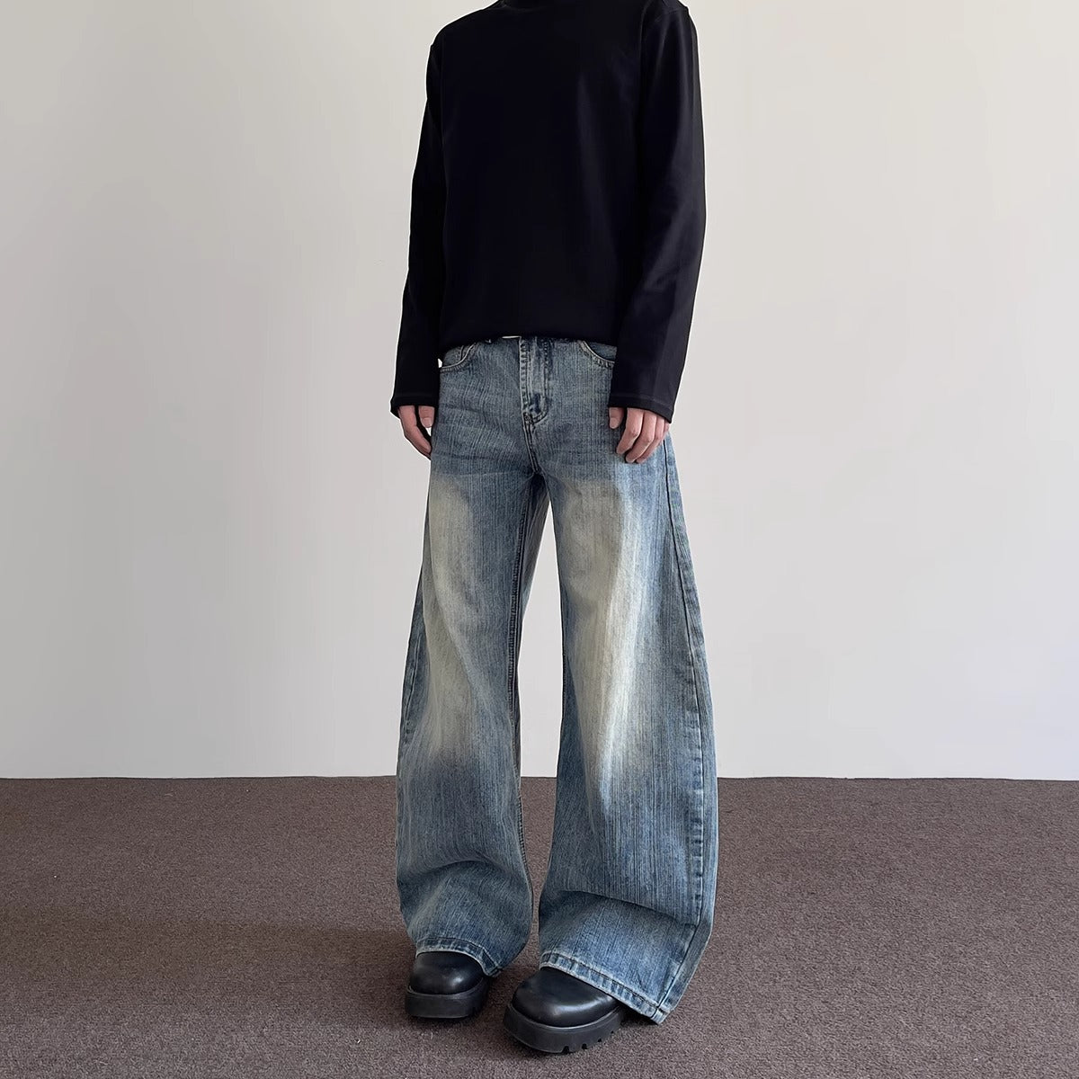 Street Cleanfit Distressed Slub Knife-Edge Jeans Men's Straight Leg Slight Flare Silhouette Design Long Pants