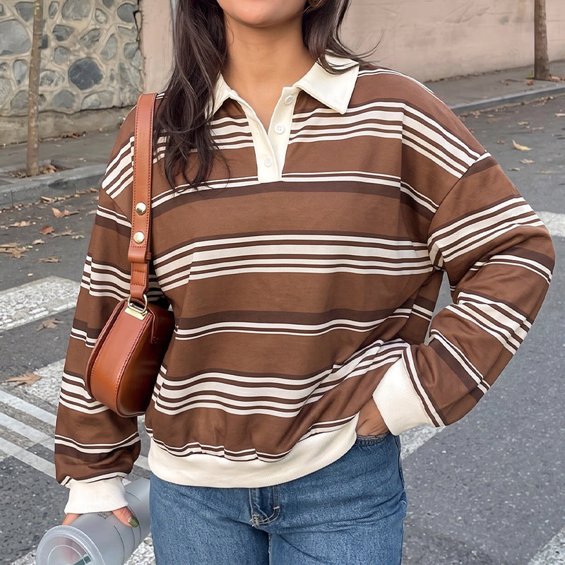 Striped contrasting polo neck loose hoodie for women
