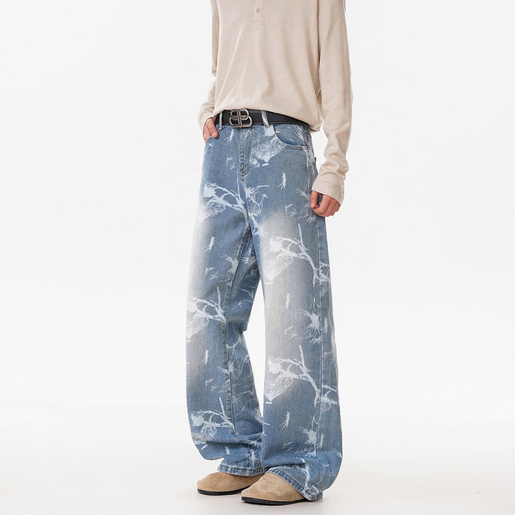 Deep Blue Denim Pants Men's Streetwear Style Flared Knife Cut Trousers