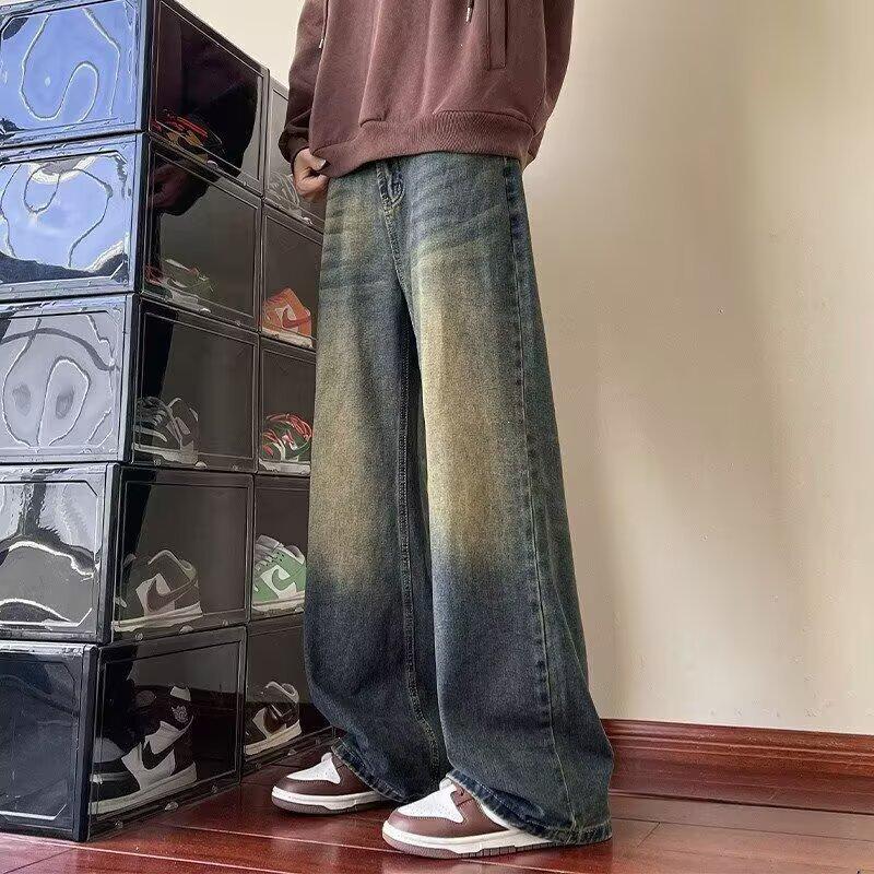 Vintage Denim Pants Men Washed Wide Leg Retro Distressed Loose Straight Leg Long Trousers