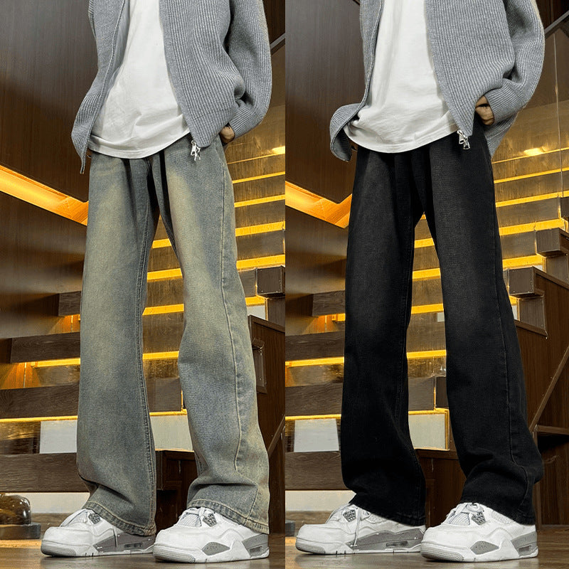 Retro Blue Slim Fit Straight Leg Jeans Men's High Street  Style Tapered Pants