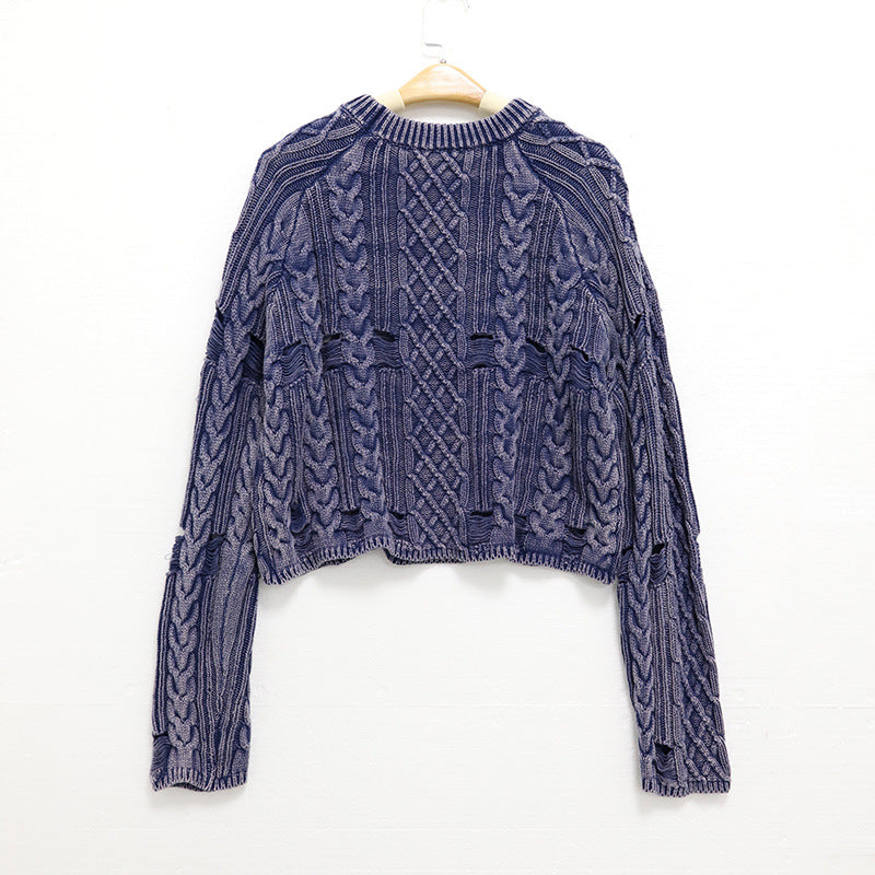 Round neck long sleeved short sweater with holes