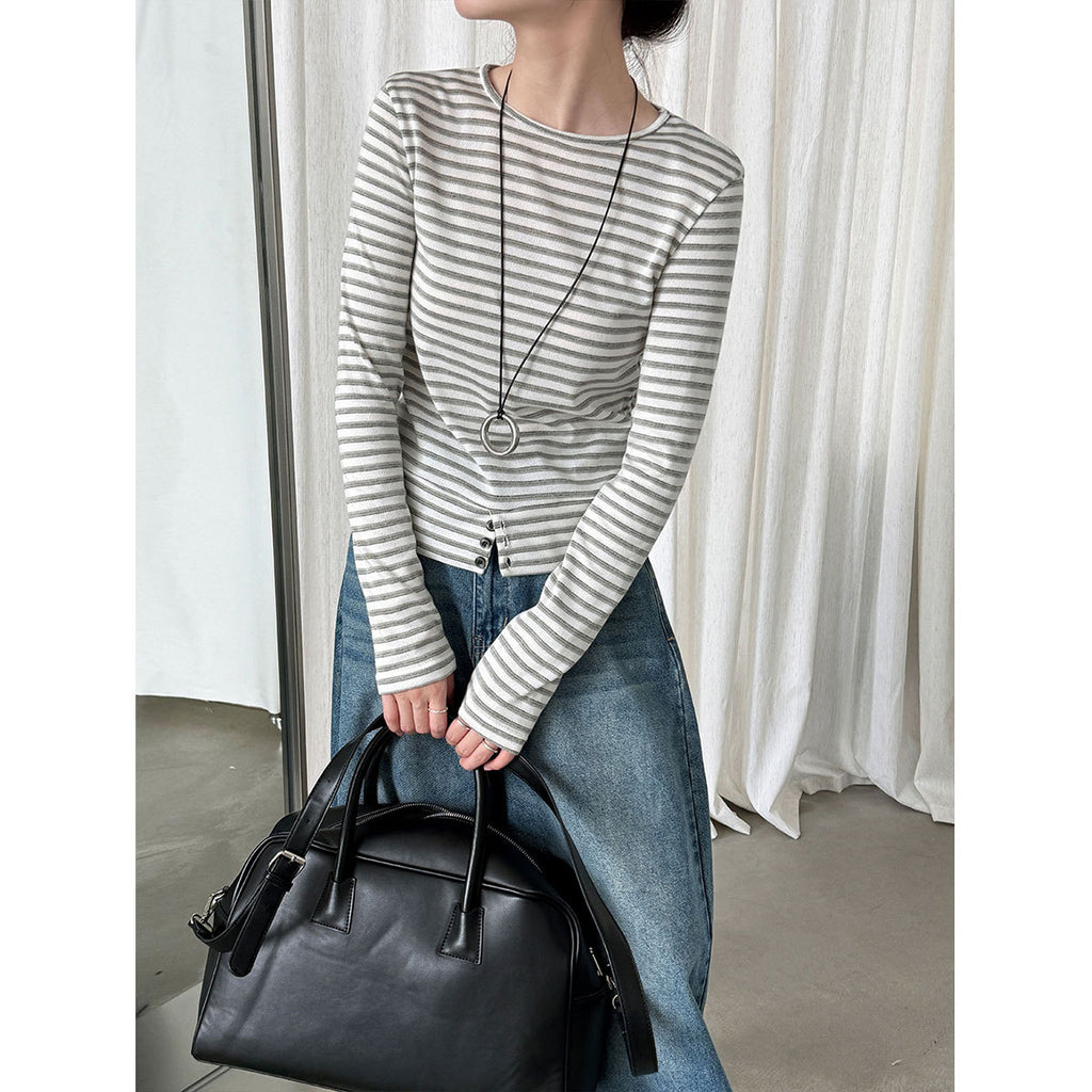 Deer West Simple and Versatile Striped Hem Button-Down Loose Fit Women's Basic Tee Long Sleeve T-Shirt