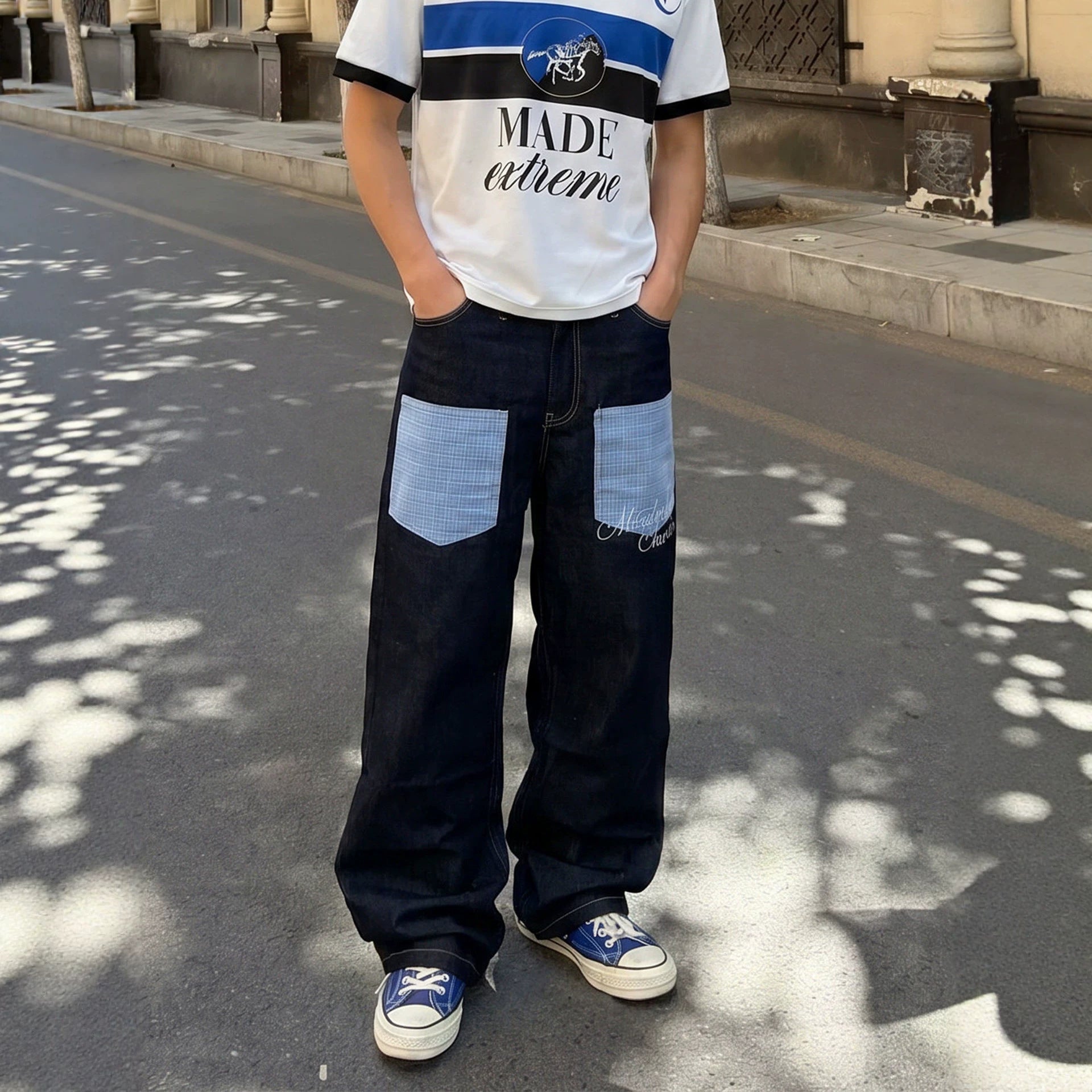 Men's Cargo Pants with Pocket Design, Streetwear Trendy Black Denim Trousers, Fashion Long Pants