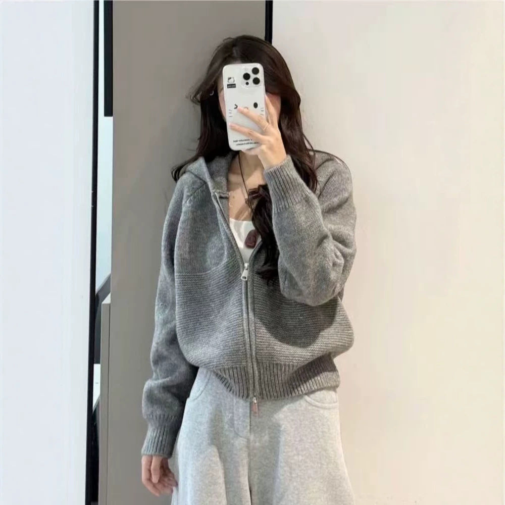 Casual Wavy Pattern Double Zipper Hooded Knit Cardigan for Women,Sweater Top