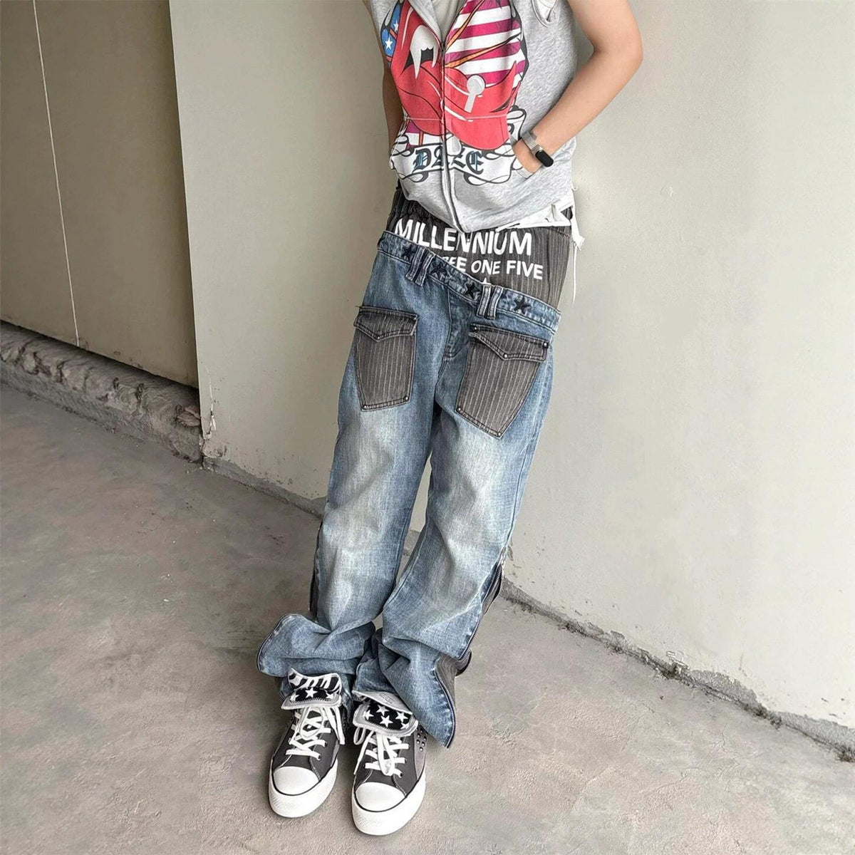 Fashion Street Dual-Pocket Color-Blocking Letter Design Men's Loose Baggy Straight-Leg Jeans Pants