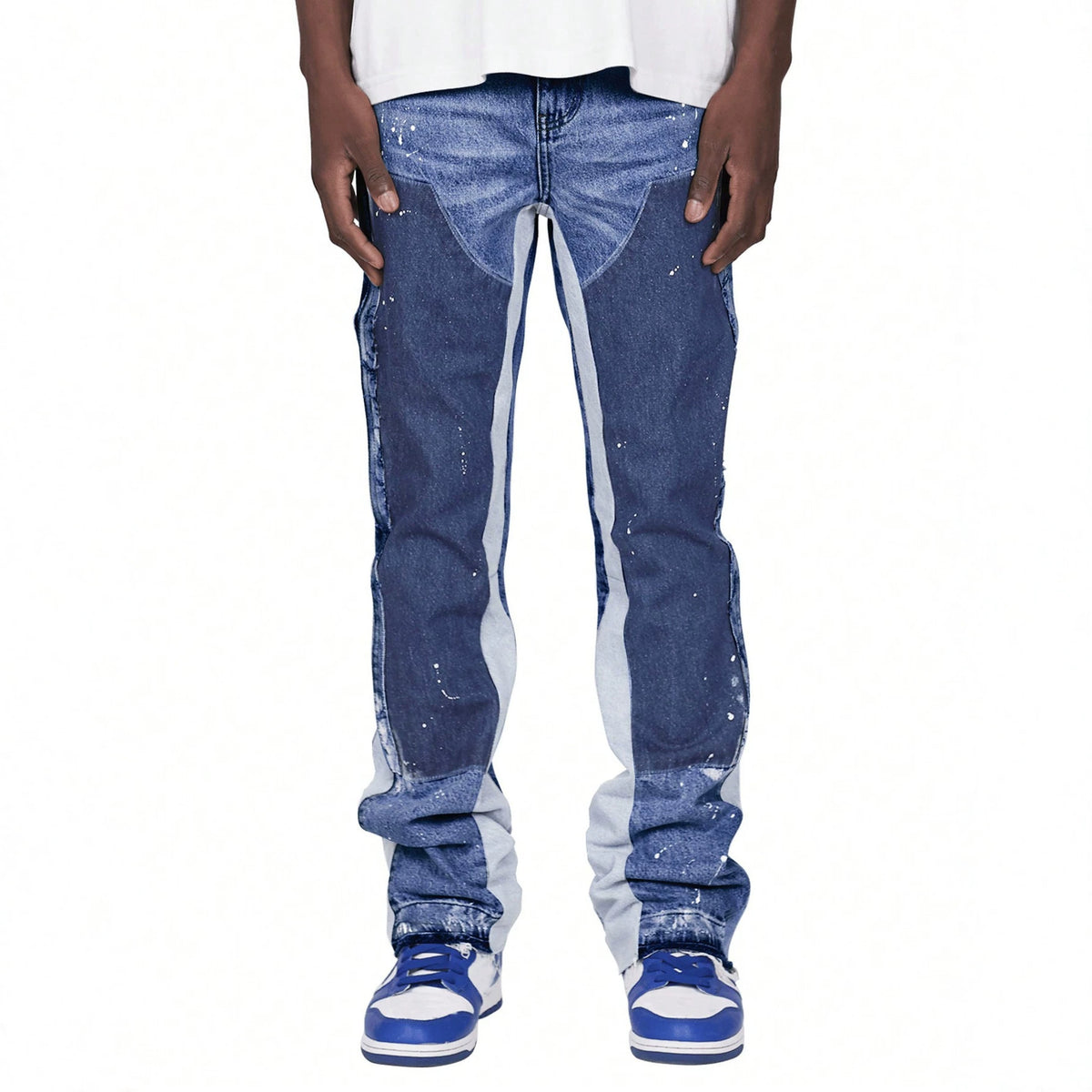 Workwear Denim Pants Men Straight Leg Layered Patchwork Stylish Casual Jeans