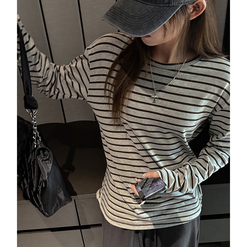Striped cotton long sleeve T-shirt for women, loose casual high-end feel, round neck, lazy style, inner layer, can be worn outside
