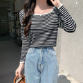 Knitted Long Sleeve T-Shirt for Women, Early Autumn New Style, Off-Shoulder Striped Design, Fashionable Top