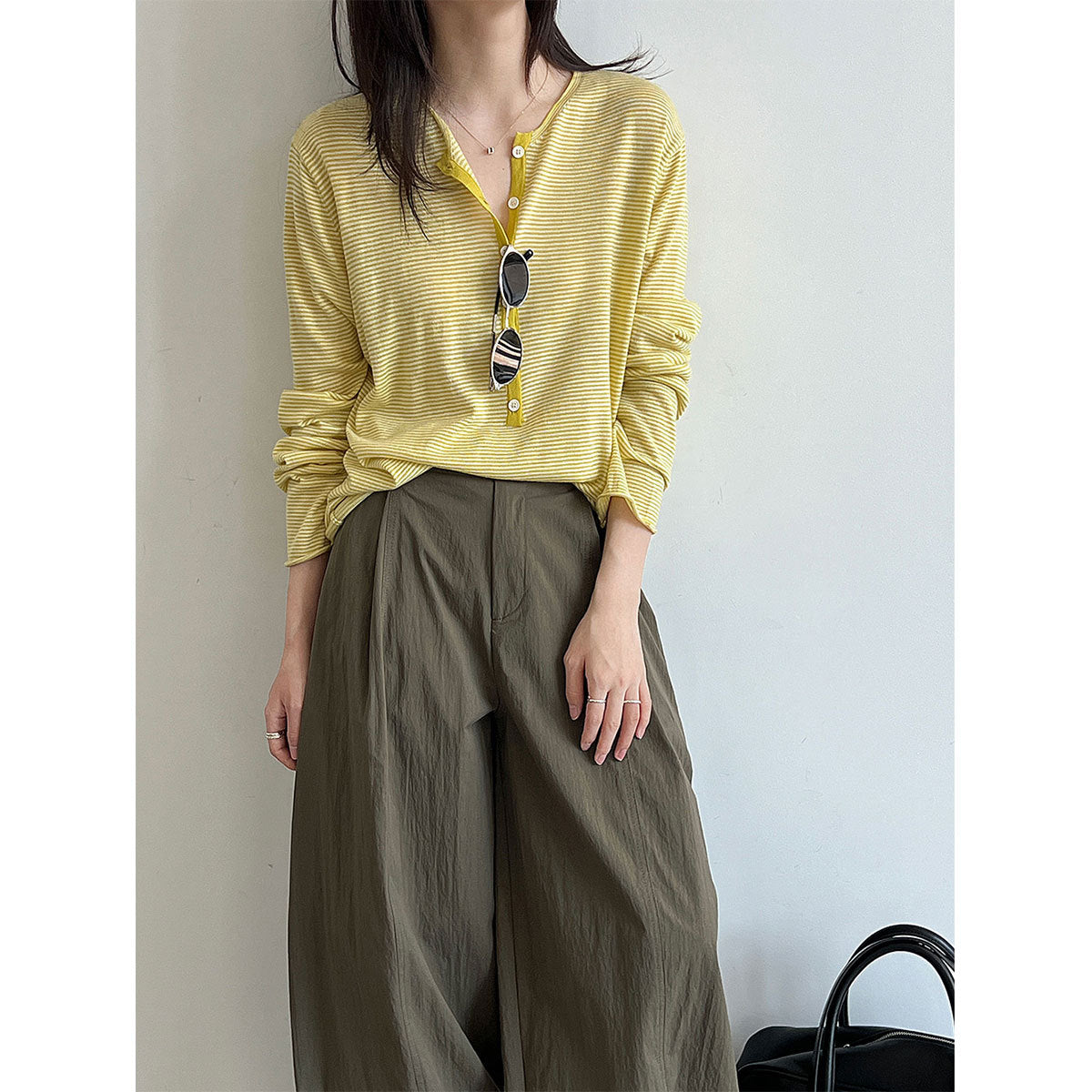 Loose Casual Color-block Striped Henley Neck Knit Top Women Long Sleeve T-Shirt