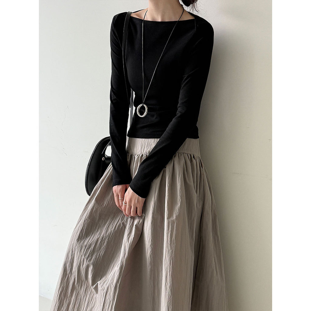 Retro High-Intellectual Boat Neck Design Inner Layer Long Sleeve T-Shirt for Women, Autumn Fitted Slimming Chic Top