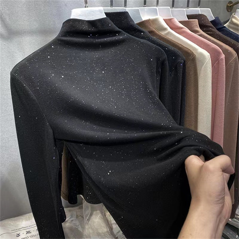 Neck undershirt for women, fleece-lined brushed long sleeve T-shirt, warm inner layer top, fashion style