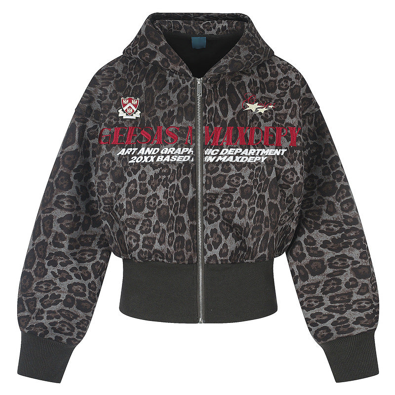 Retro leopard print waist cinched hooded cardigan