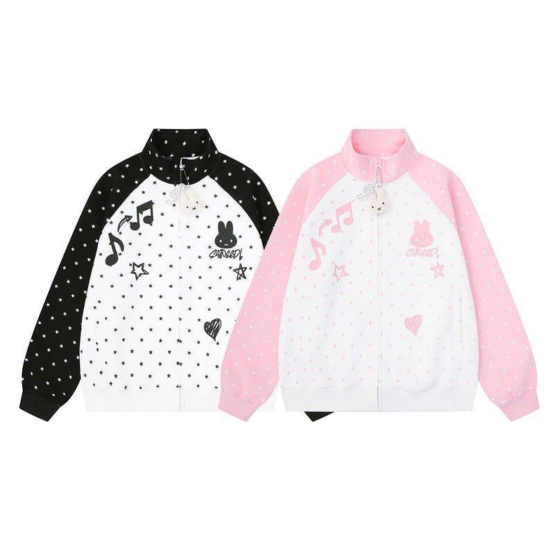 Cute rabbit note color blocked star hoodie jacket