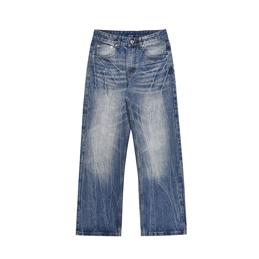 Washed Lightning Pattern Denim Pants Men Casual Loose Straight Leg Wide Leg Long Pants