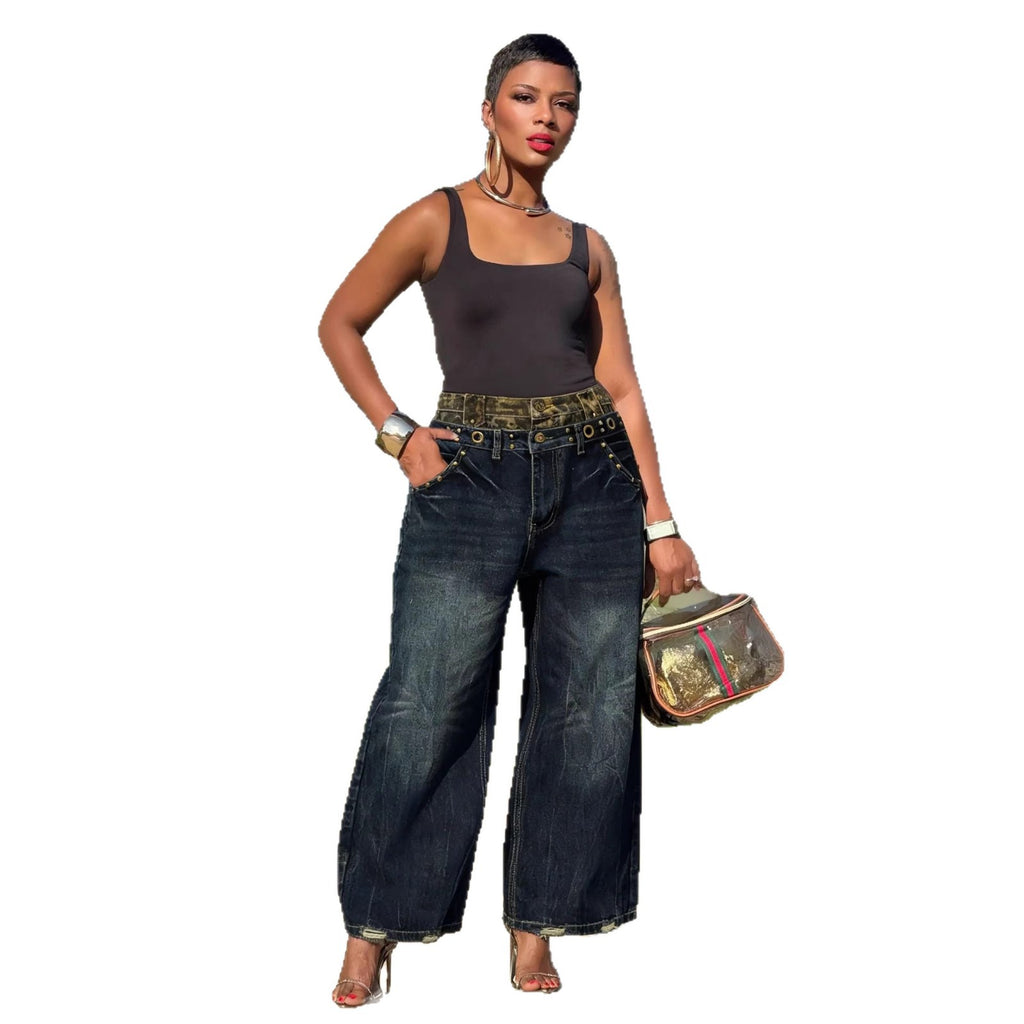 Two Waistband Distressed Washed Denim Pants with Leopard Print Pattern
