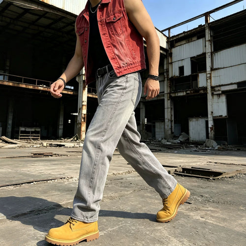 Casual Gray Men's Jeans for Daily Wear, Comfortable Commuting, Fashion Distressed Washed Denim Pants