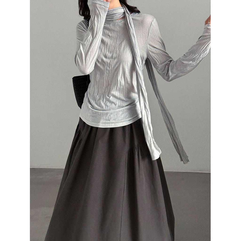 Soft long-sleeve T-shirt for women, autumn new style, slimming pleated TENCEL blend undershirt with scarf pairing