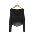 Vacation style high elasticity V-neck tassel top