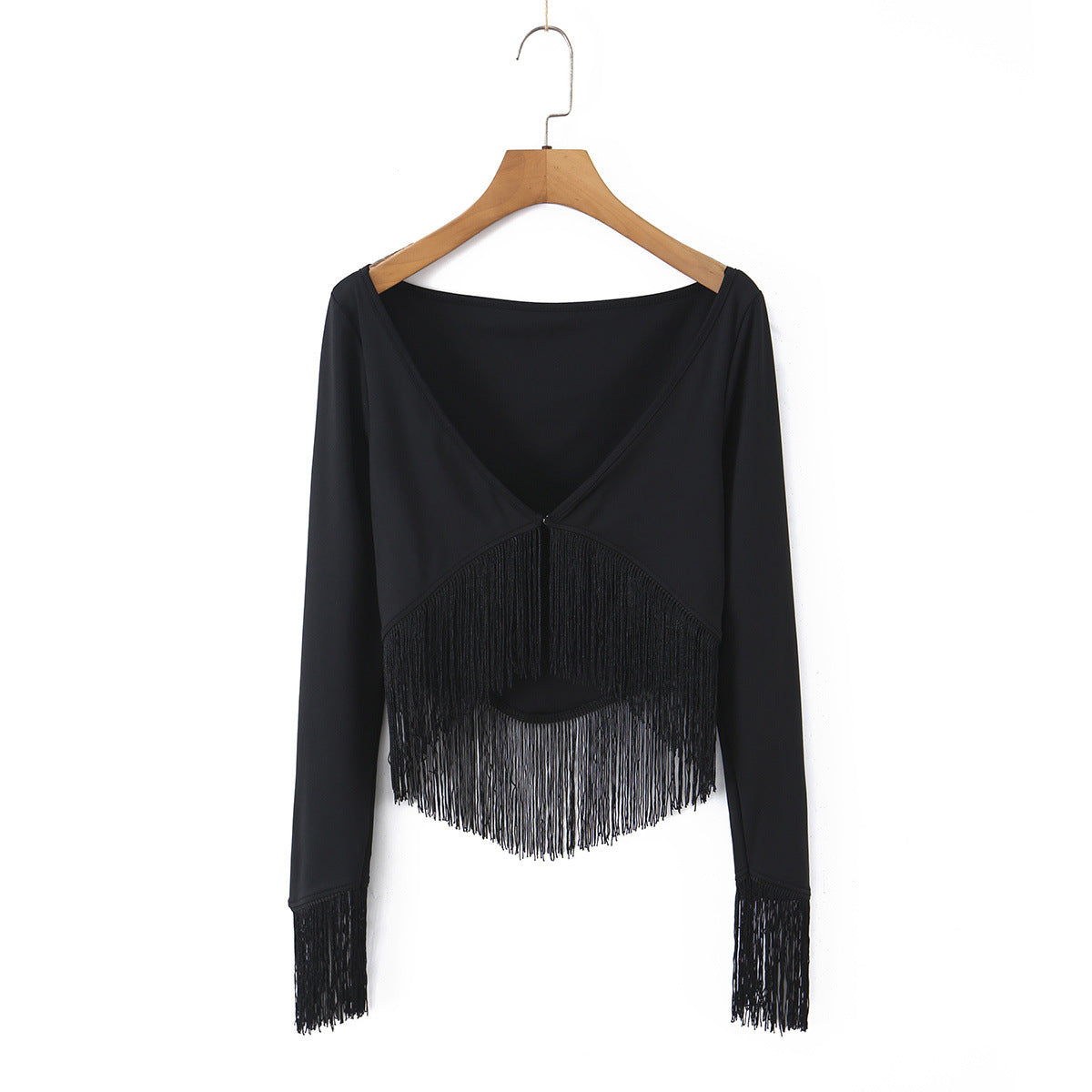 Vacation style high elasticity V-neck tassel top