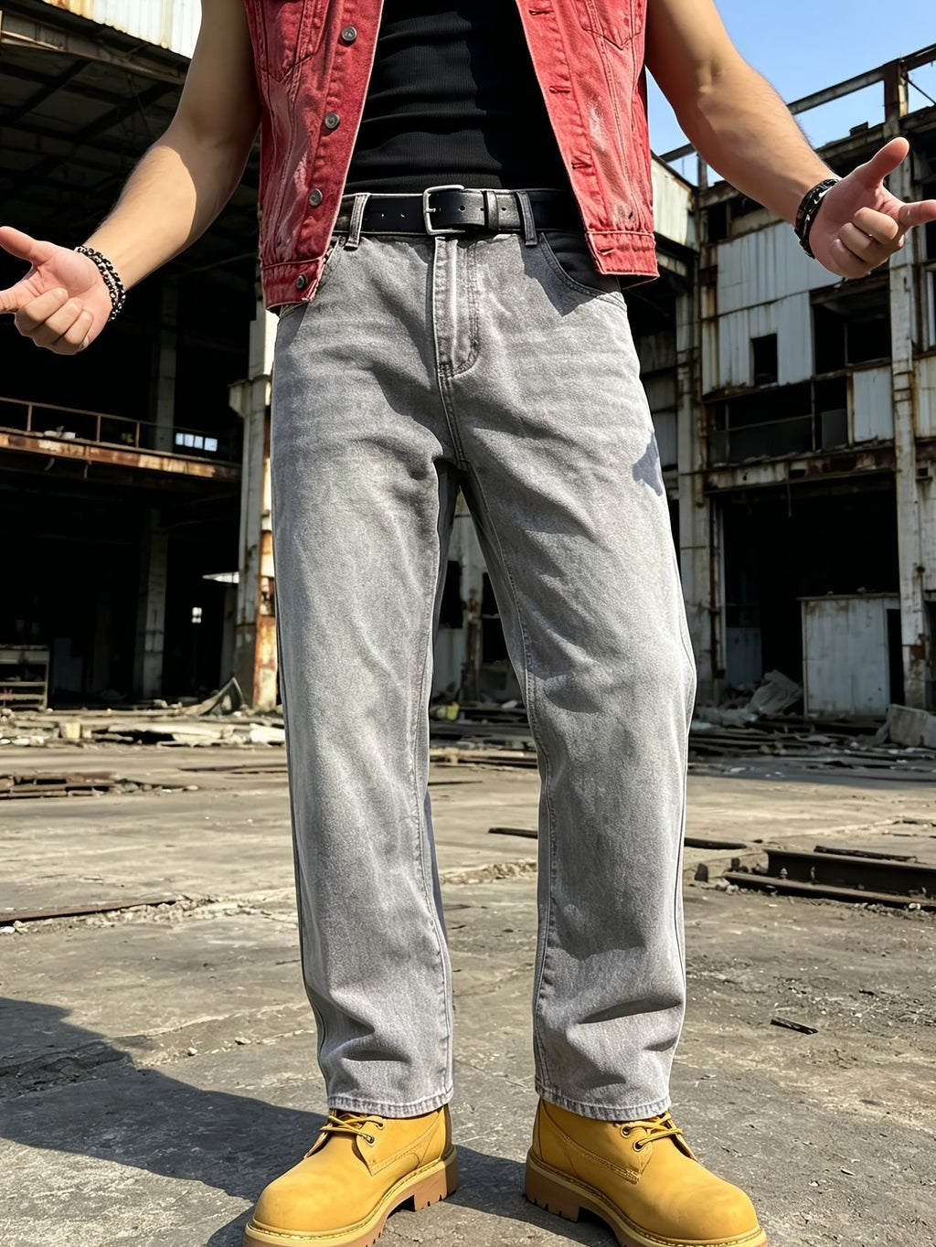 Casual Gray Men's Jeans for Daily Wear, Comfortable Commuting, Fashion Distressed Washed Denim Pants