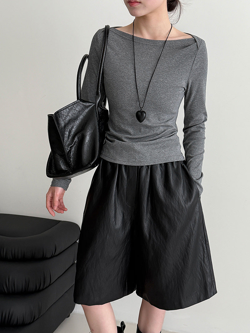 Retro High-Intellectual Boat Neck Design Inner Layer Long Sleeve T-Shirt for Women, Autumn Fitted Slimming Chic Top