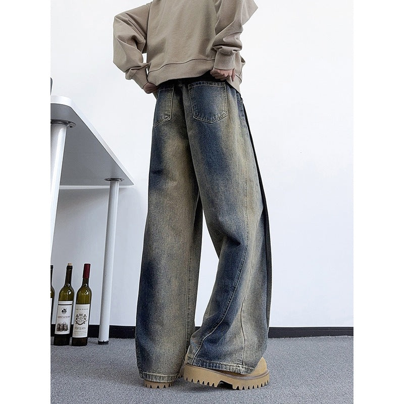 Casual Straight Leg Jeans for Men Heavyweight Washed Vintage Denim Pants