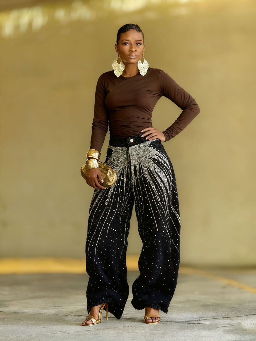 Scattered Star Rhinestone Curved Straight Leg Jeans