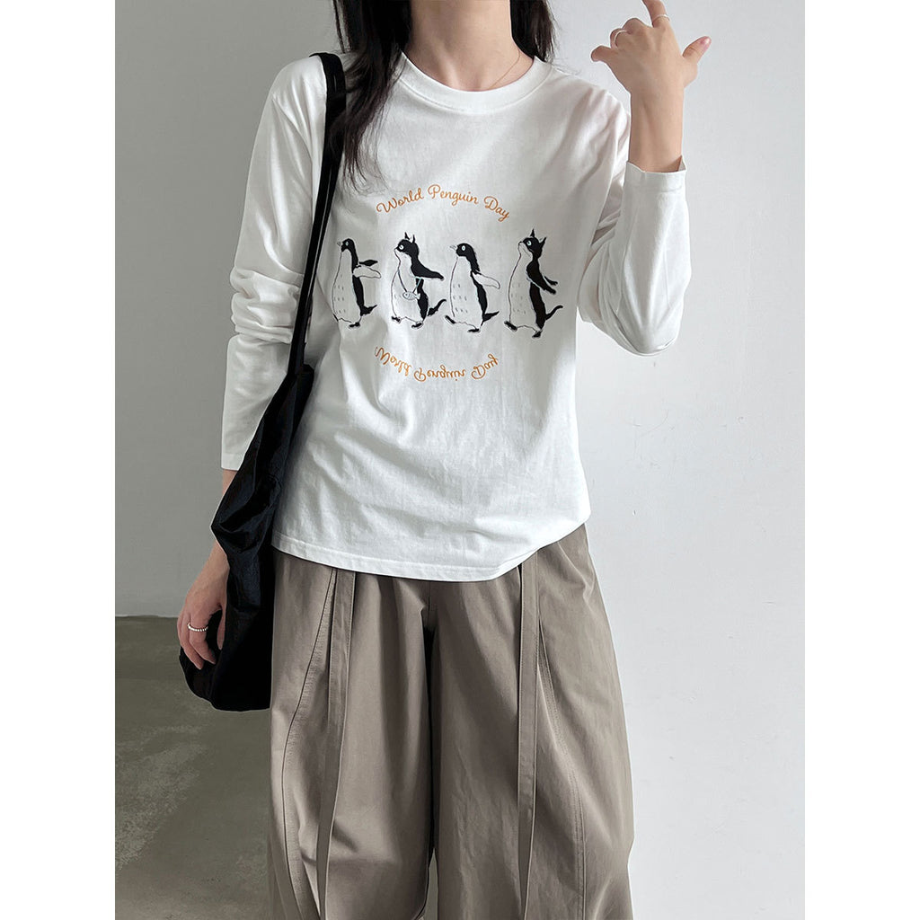 Round Neck Cartoon Print Long Sleeve Inner T-Shirt for Women Casual Simple Top