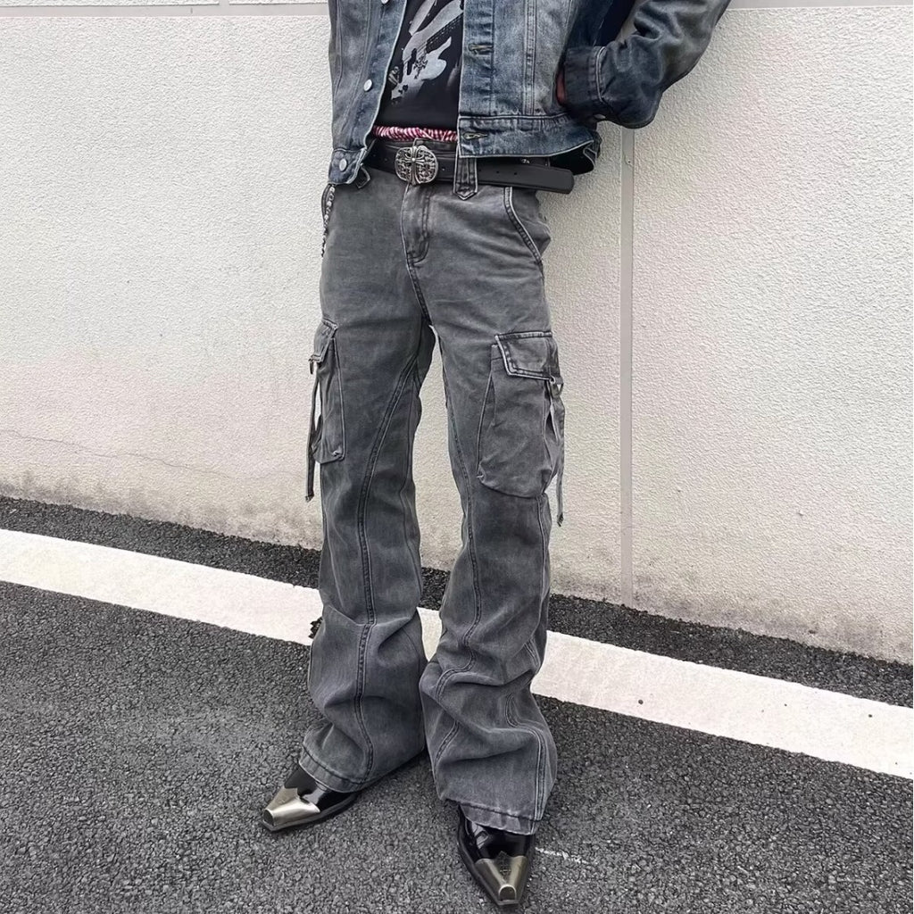 Street Style Distressed Washed Multi-Pocket Flared Cargo Jeans