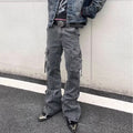 Street Style Distressed Washed Multi-Pocket Flared Cargo Jeans