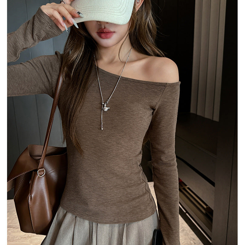 Chic Long Sleeve Crop Top for Women, Off-Shoulder Asymmetric Design, Sexy and Sultry Inner Wear or Outerwear, Regular Shoulder T-Shirt Top