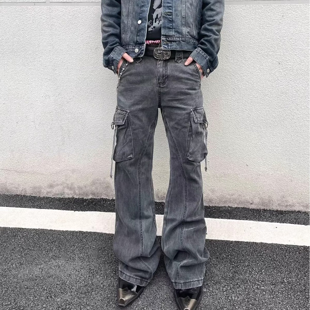 Street Style Distressed Washed Multi-Pocket Flared Cargo Jeans