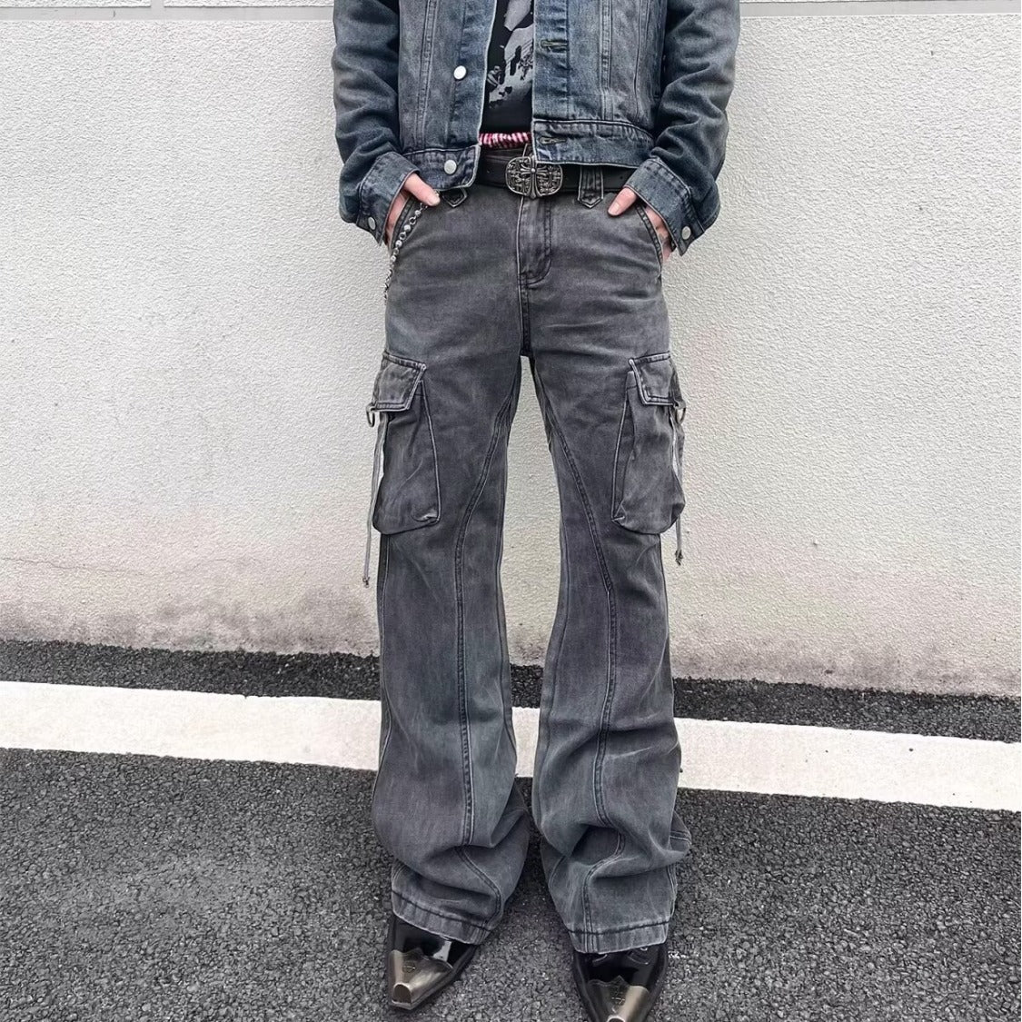 Street Style Distressed Washed Multi-Pocket Flared Cargo Jeans
