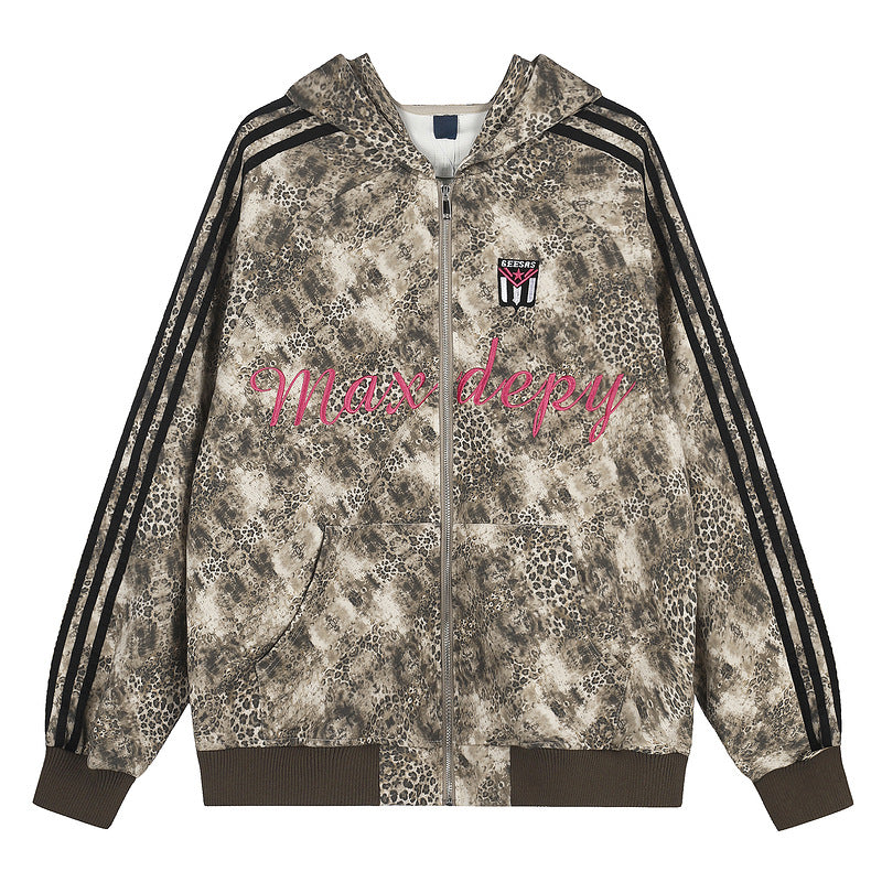 Leopard print three bar hooded sweatshirt with zipper cardigan
