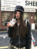 Washed Distressed Black Hooded Sweatshirt Jacket for Women