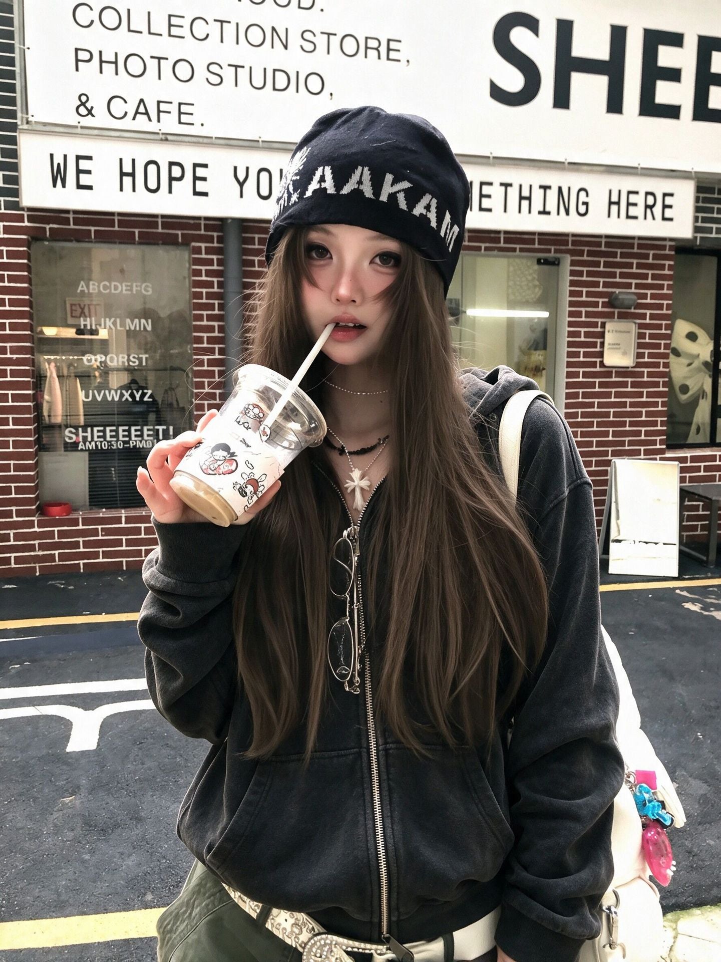 Washed Distressed Black Hooded Sweatshirt Jacket for Women